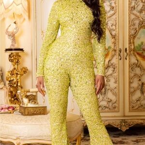 Yellow Sequin Jumpsuit with Flared Legs and High Neckline